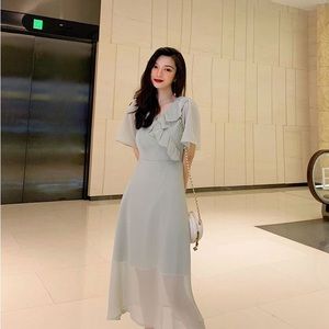 Brand new ruffle tie waist short sleeve mid dress